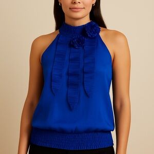 Chime Women Royal Blue Pleated Rosette Halter Top – Size L